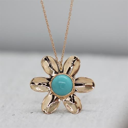 Rose Altın 14 Ayar Firuze Taşlı Papatya Kolye - Beyaz altın - Sarı altın - inci Kolye - pırlanta - Kolye -pırlanta Kolye - inci Kolye - Kolye çeşitleri - Kolyeler - altın Kolye modelleri