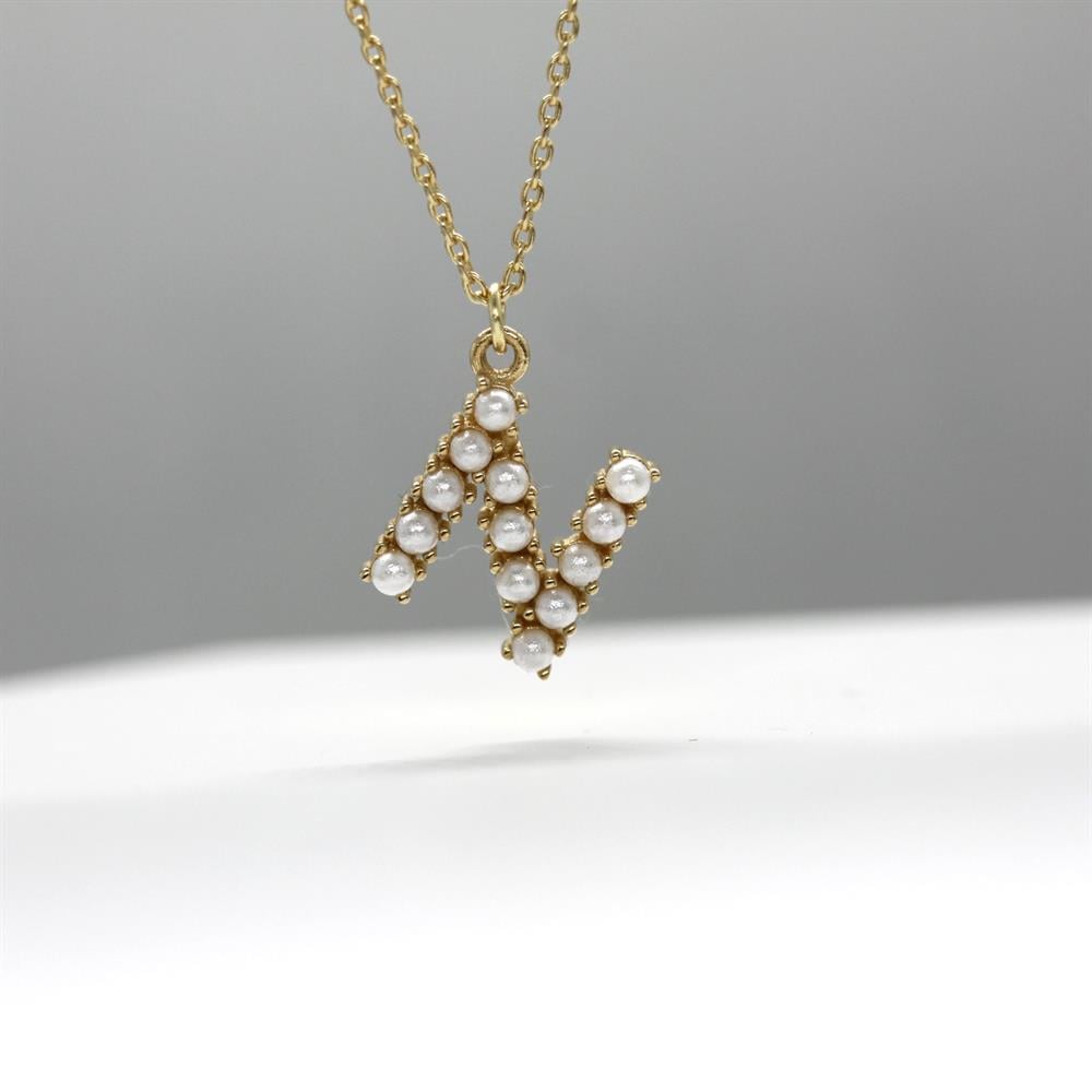 Sarı Altın 14 Ayar İncili N Harfi - Tac diamond - Sarı altın - inci kolye - pırlanta - kolye -pırlanta kolye - inci kolye - kolye - kolyeler - altın kolye modelleri