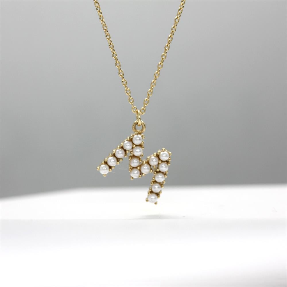 Sarı Altın 14 Ayar İncili M Harfi - Tac diamond - Sarı altın - inci kolye - pırlanta - kolye -pırlanta kolye - inci kolye - kolye - kolyeler - altın kolye modelleri