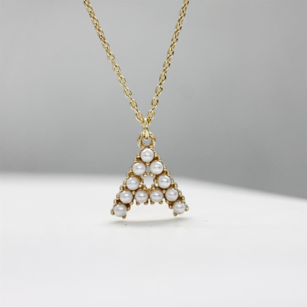 Sarı Altın 14 Ayar İncili A Harfi - Tac diamond - Sarı altın - inci kolye - pırlanta - kolye -pırlanta kolye - inci kolye - kolye - kolyeler - altın kolye modelleri