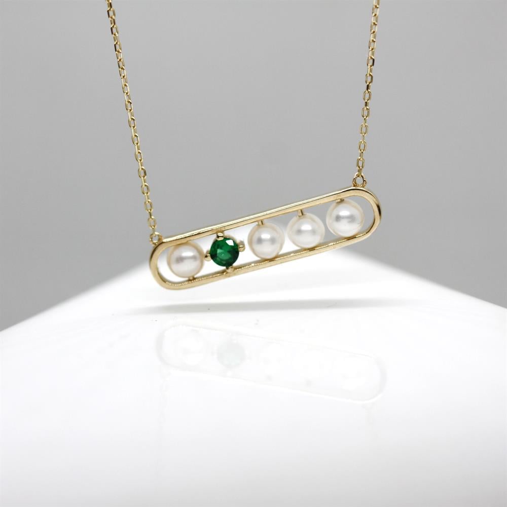 Sarı Altın 14 Ayar Yeşil Taşlı Sıra İnci Kolye - Tac diamond - Sarı altın - inci kolye - pırlanta - kolye -pırlanta kolye - inci kolye - kolye - kolyeler - altın kolye modelleri