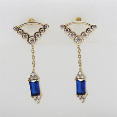 Sarı Altın 14 Ayar Zincirli Mavi Baget Küpe - Sarı altın - inci Küpe - pırlanta - Küpe -pırlanta Küpe - inci Küpe - Küpe - Küpeler - altın Küpe modelleri