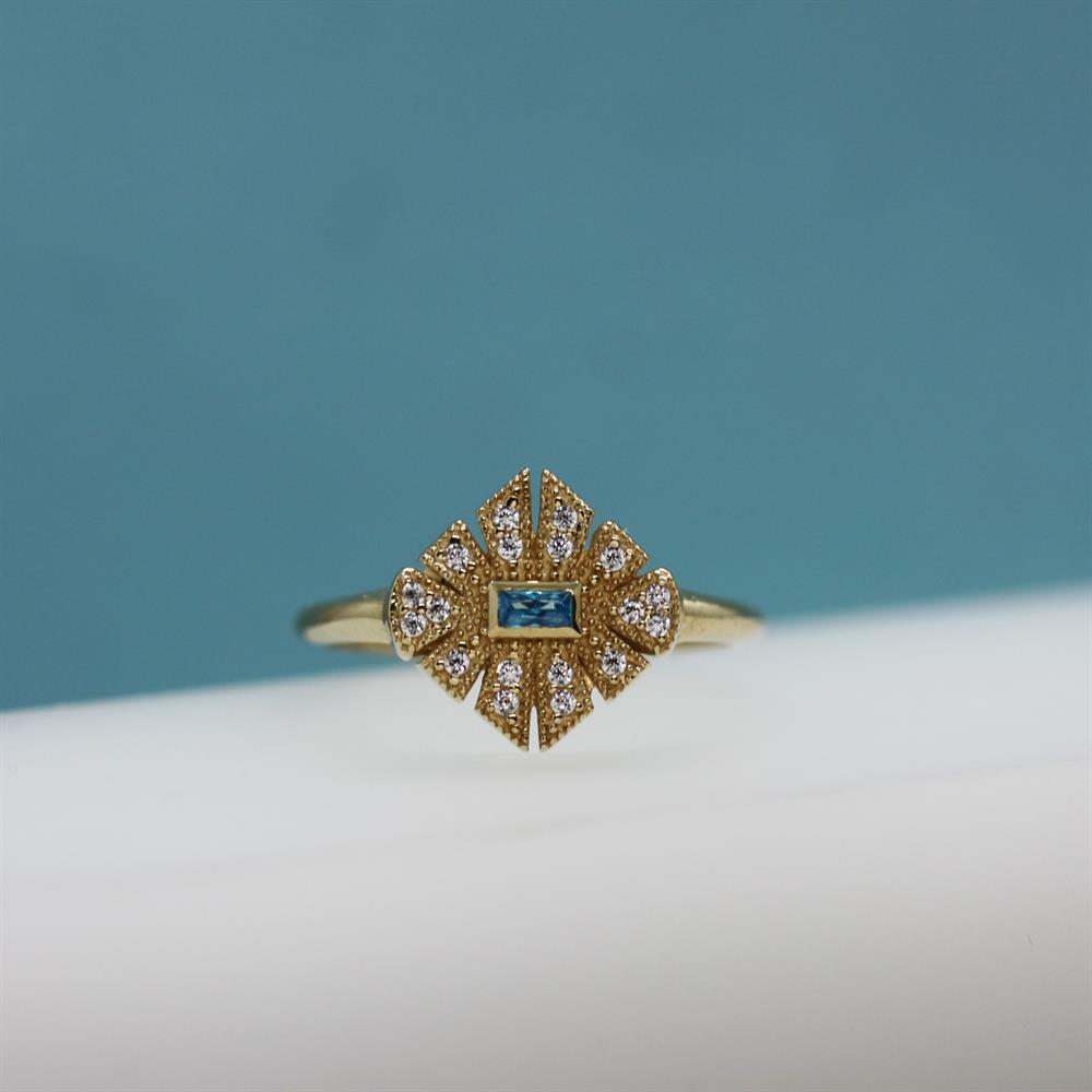 Sarı Altın 14 Ayar Antique Blue Yüzük - Sarı altın - inci yüzük - pırlanta - Yüzük -pırlanta yüzük - inci yüzük - yüzük - yüzükler - altın yüzük modelleri